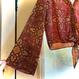 NWT Rachel Zoe | Silky Retro Button Down Tie-Front Blouse W/ Flare Sleeves